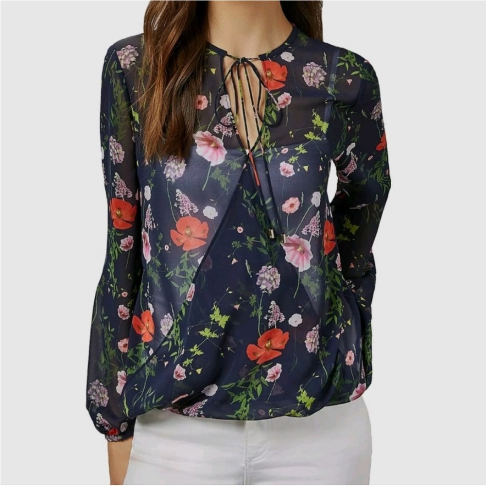 TED BAKER The Valania Hedgerow Neck Tie Sheer Floral Wrap Blouse Small